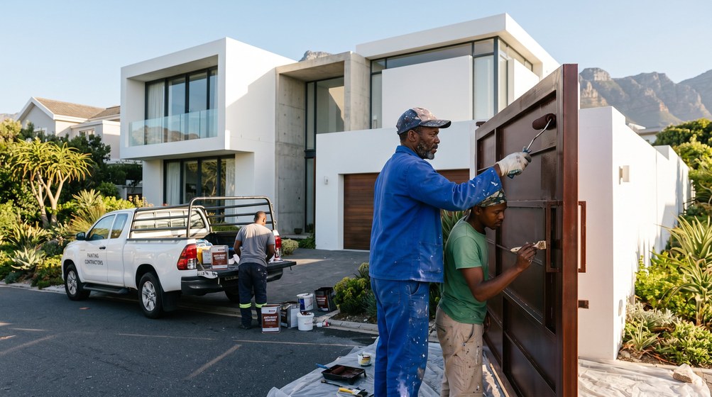 Professional anti-rust coating team applying rust protection to a metal gate in Kalk Bay