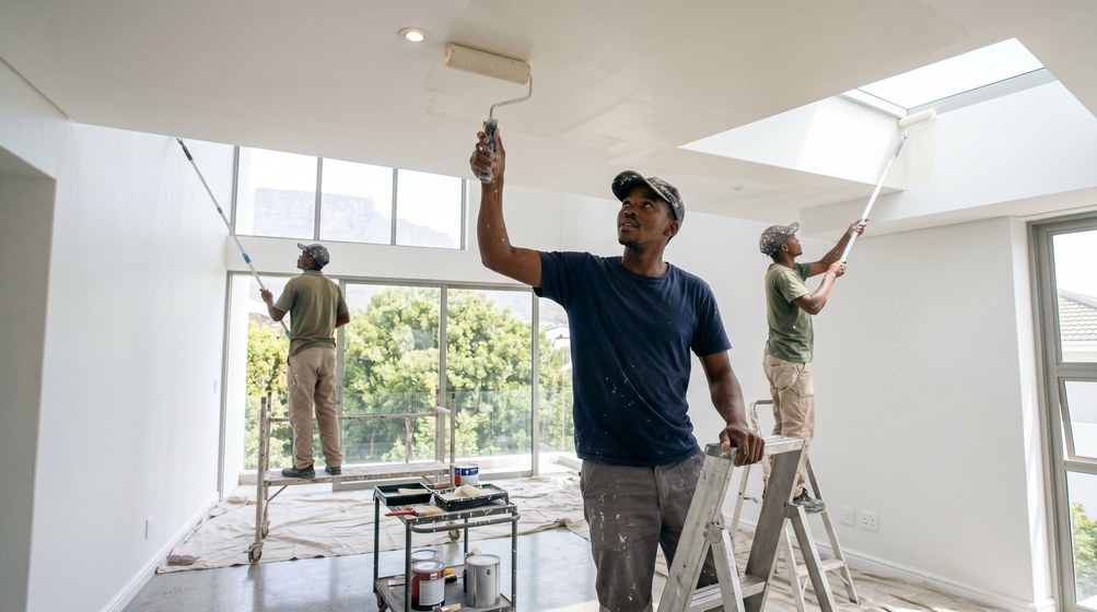 Professional ceiling painters rolling white paint onto a high ceiling in Kalk Bay