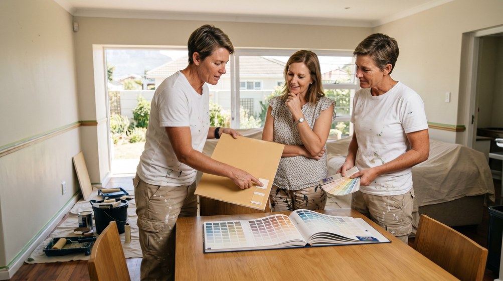 Professional colour consultant showing paint swatches to a homeowner in Kalk Bay