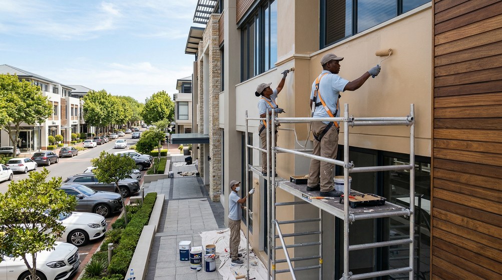 Professional commercial painters on scaffolding painting a building in Kalk Bay