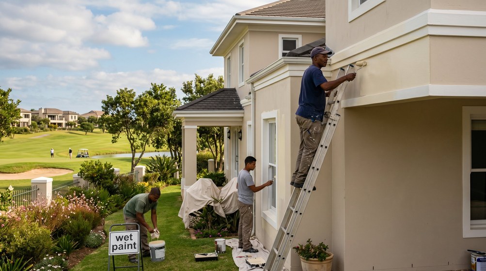 Professional estate painters painting a luxury golf estate home in Kalk Bay