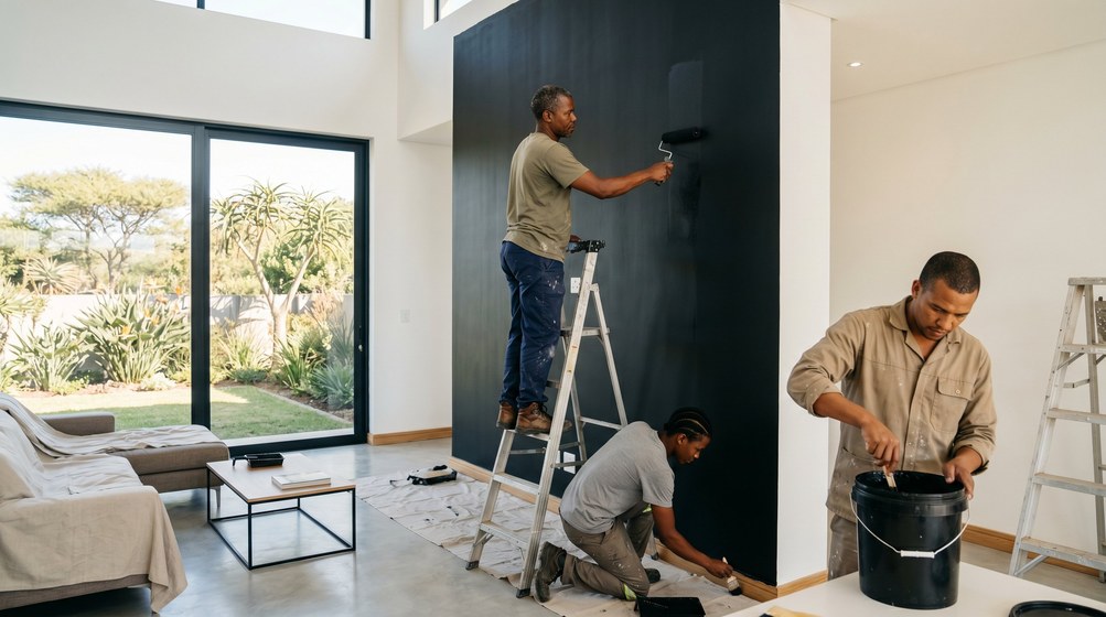 Professional painters creating a bold black feature wall in a modern Kalk Bay home