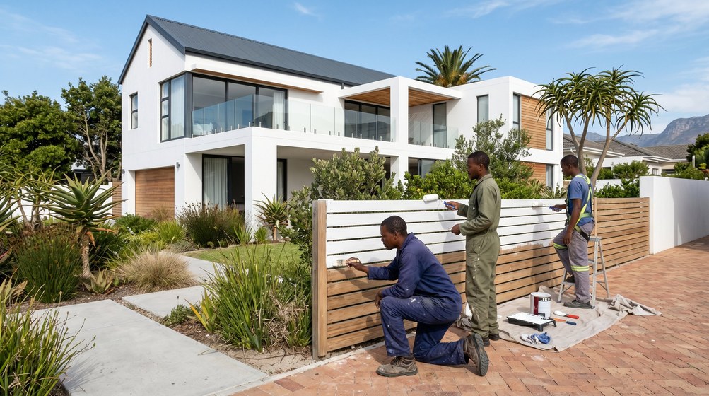 Professional fence painters painting a wooden fence at a Kalk Bay home in Kalk Bay