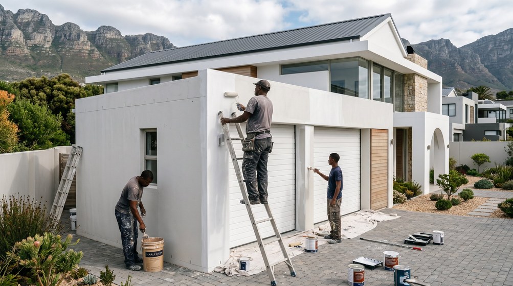 Professional painters painting a double garage exterior and garage doors in Kalk Bay