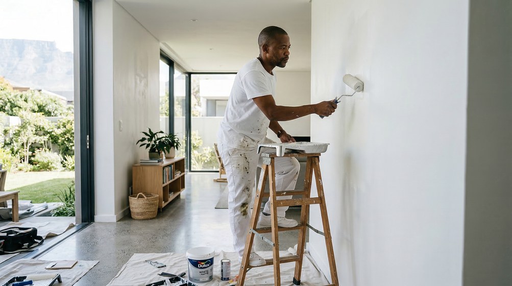 Professional interior painter in Kalk Bay painting walls with a roller