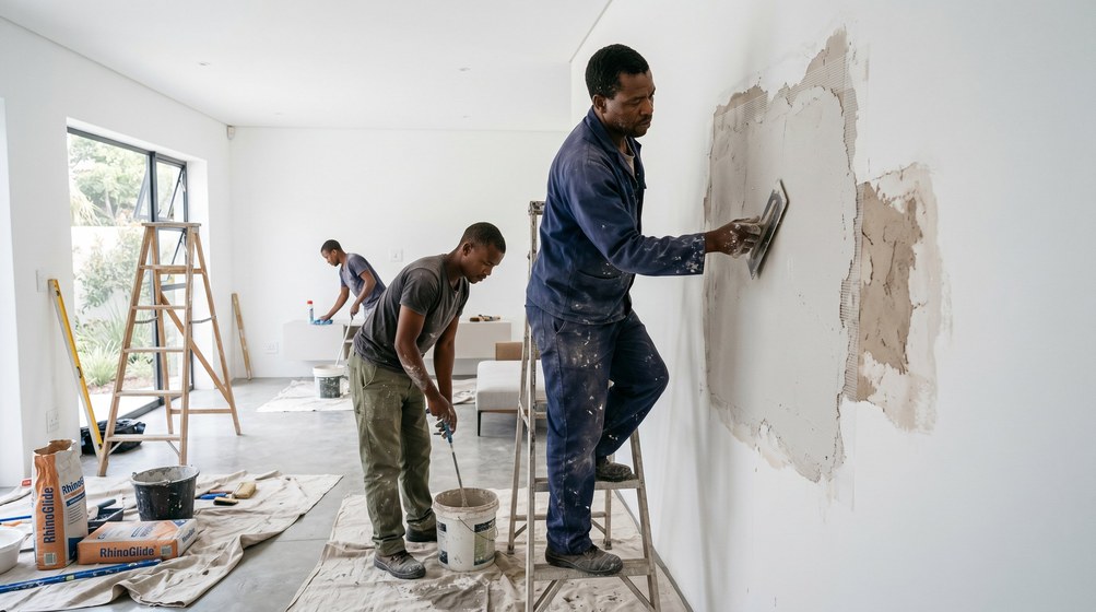 Plaster crack repair before painting on a St James hillside home