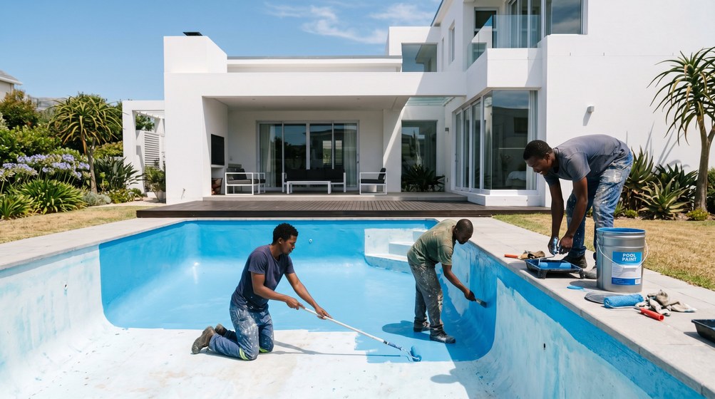 Professional pool painters applying blue pool paint to a swimming pool in Kalk Bay
