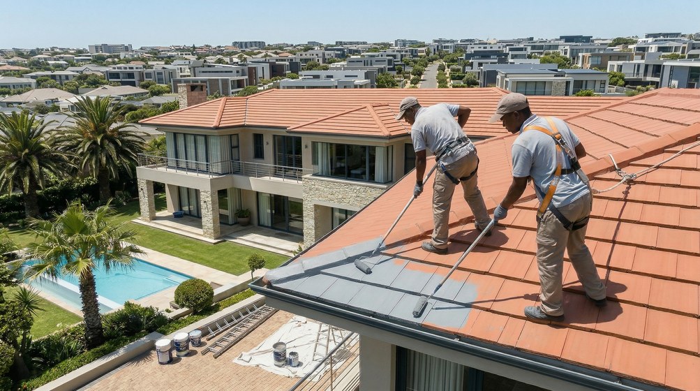 Professional roof painters applying waterproof coating to tiled roof in Kalk Bay