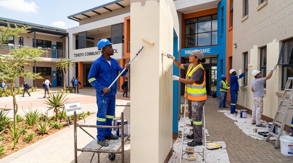 Professional school painting team painting a community school in Kalk Bay