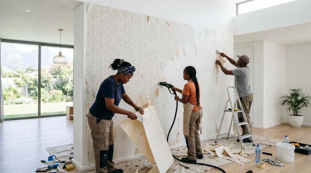 Professional wallpaper removal team stripping old wallpaper in a Kalk Bay home