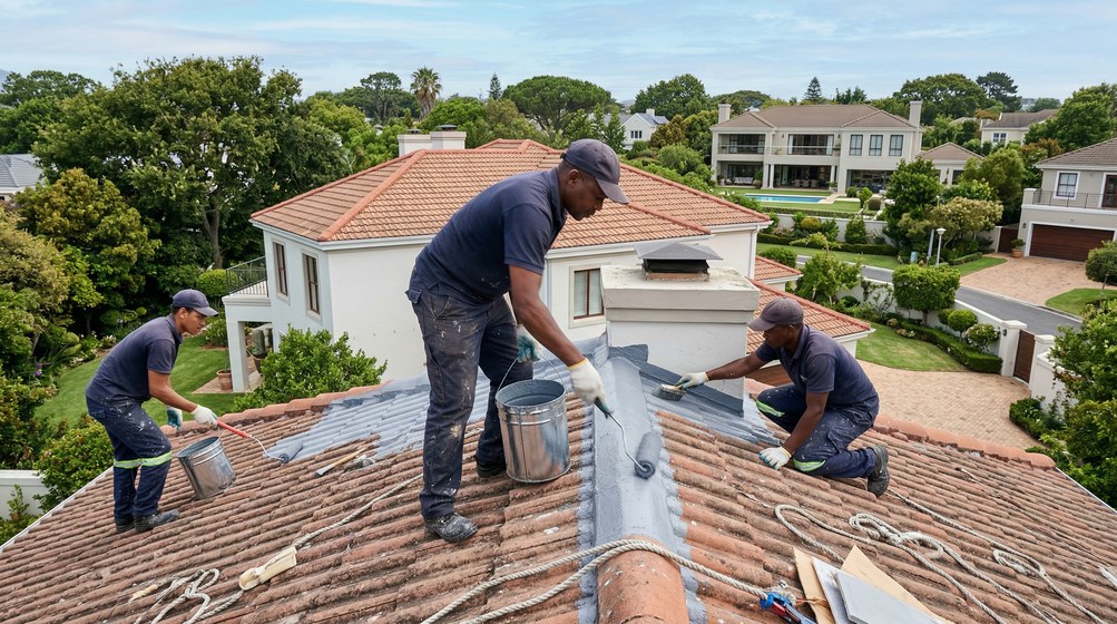 Professional waterproofing team applying membrane to roof in Kalk Bay