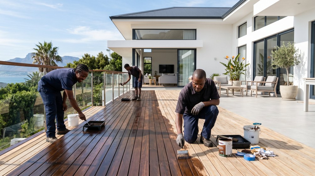 Professional wood staining team applying deck stain on a home in Kalk Bay